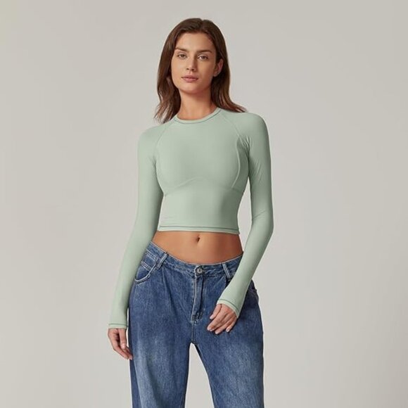 QINSEN Womens Crewneck Long Sleeve Shirt Double Lined Basic Tees Side Ruched - Picture 2 of 2